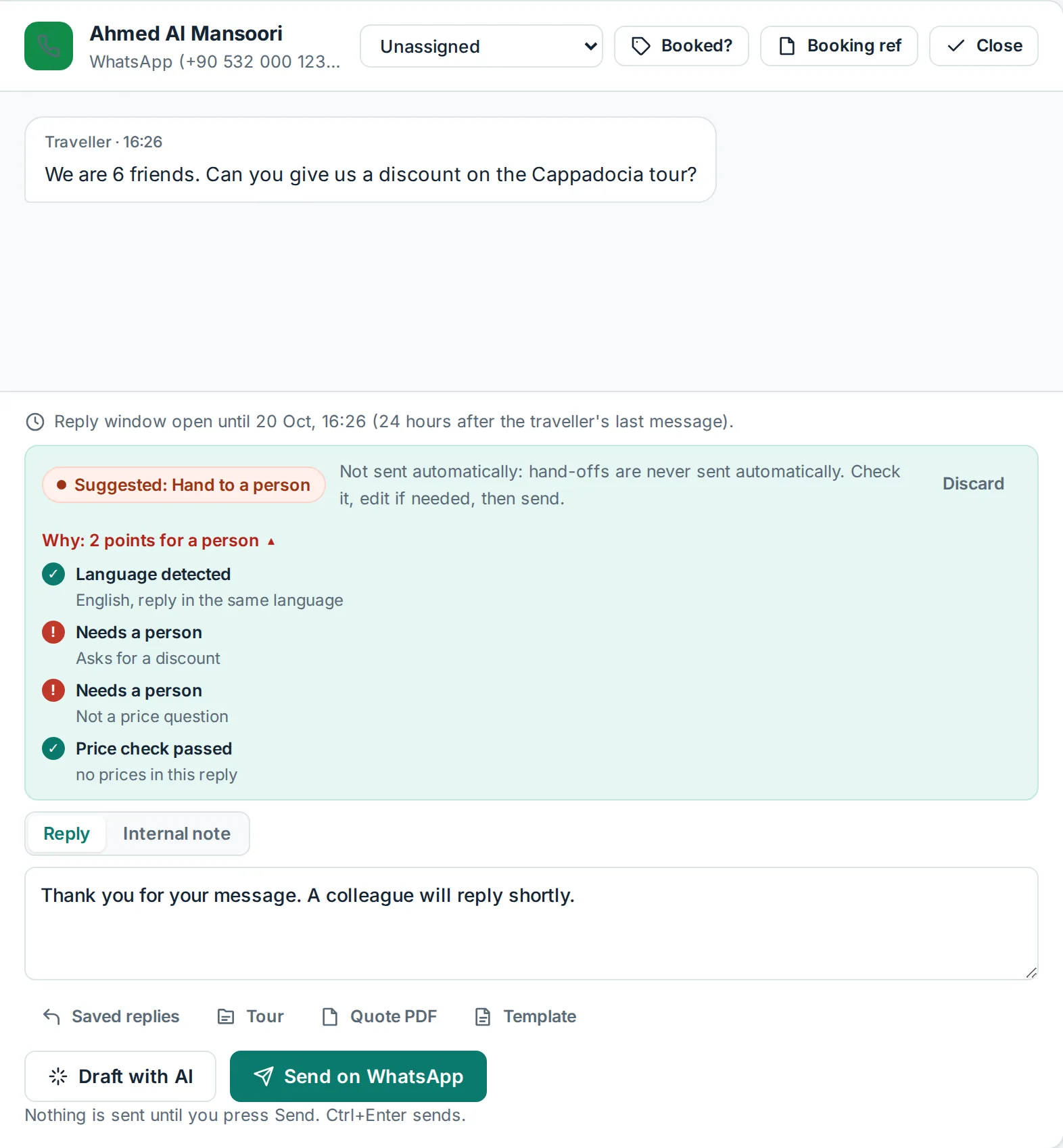 A request for a group discount with the suggestion Hand to a person and the Why list: needs a person, asks for a discount.