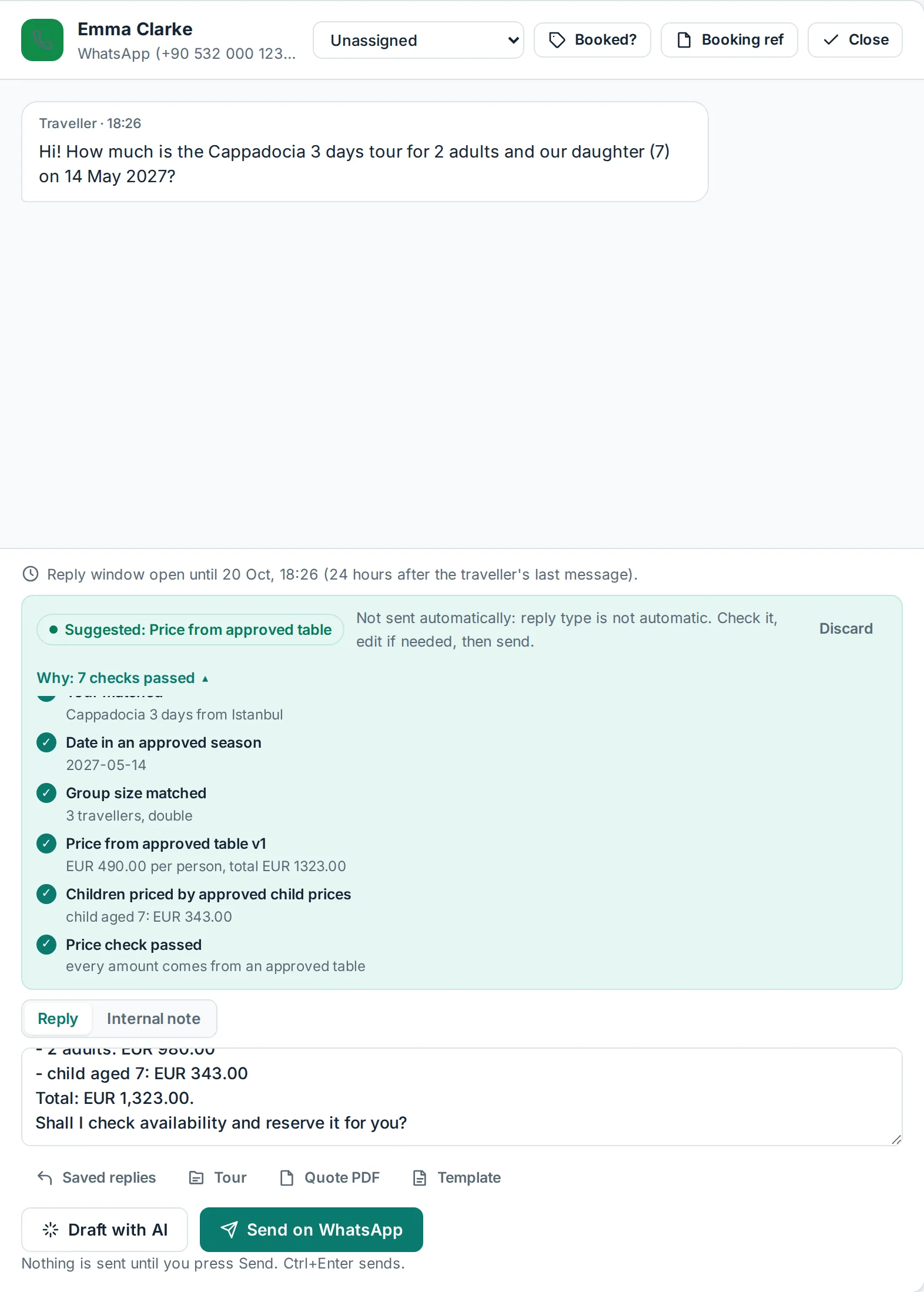 A suggested price reply with the Why list open: language detected, tour matched, date in an approved season, group size matched, price from approved table v1, children priced by approved child prices, price check passed.