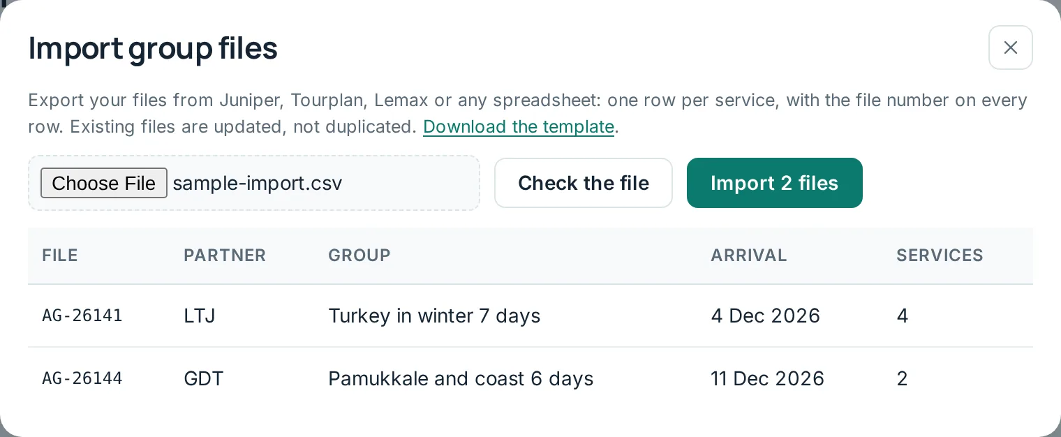 The import check: rows read from a group file export, with new and updated files listed before anything is saved.